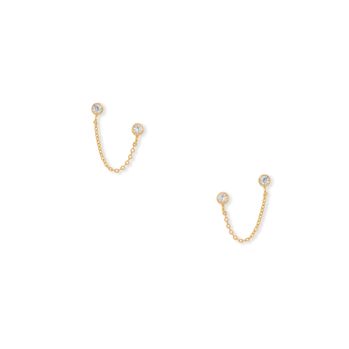 14 Karat Gold Plated Sterling Silver Double Post Earrings, Round CZ Studs, 2.5mm, 1 Inch Chain