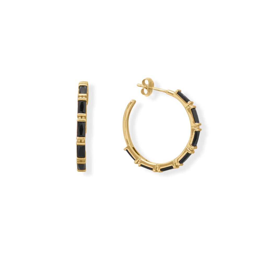 Sterling Silver Black Baguette CZ Hoop Earrings, 14K Gold Plated, 3/4 Post Back, 30mm Length