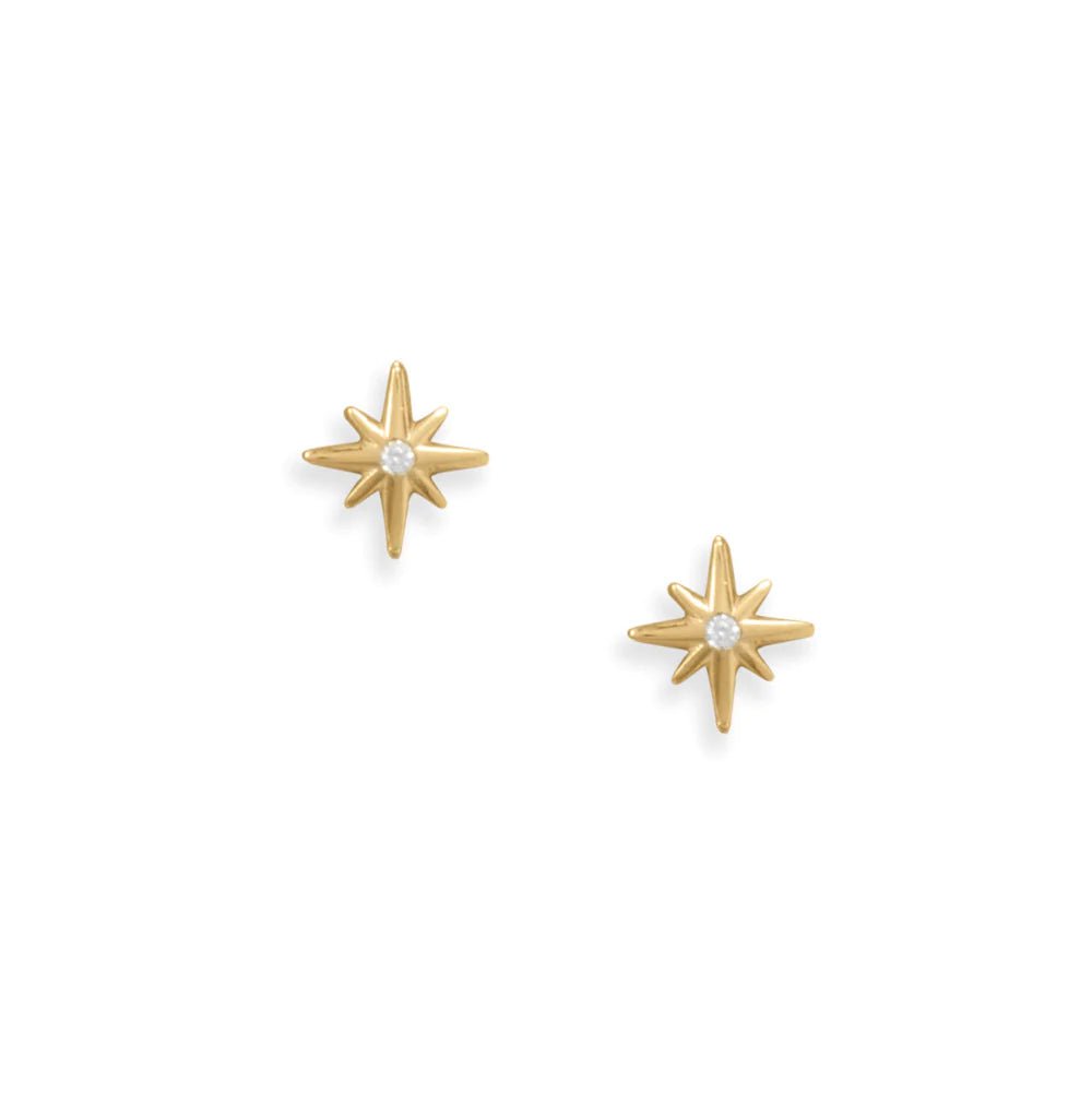 14 Karat Gold Plated Sterling Silver Star Stud Earrings, CZ Center, 10mm, Made in Italy