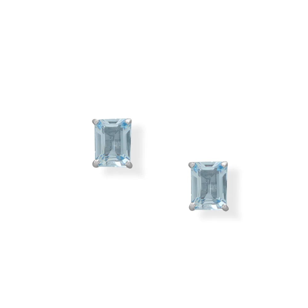 Sky Blue Topaz Stud Earrings - Sterling Silver Rhodium Plated Emerald Cut