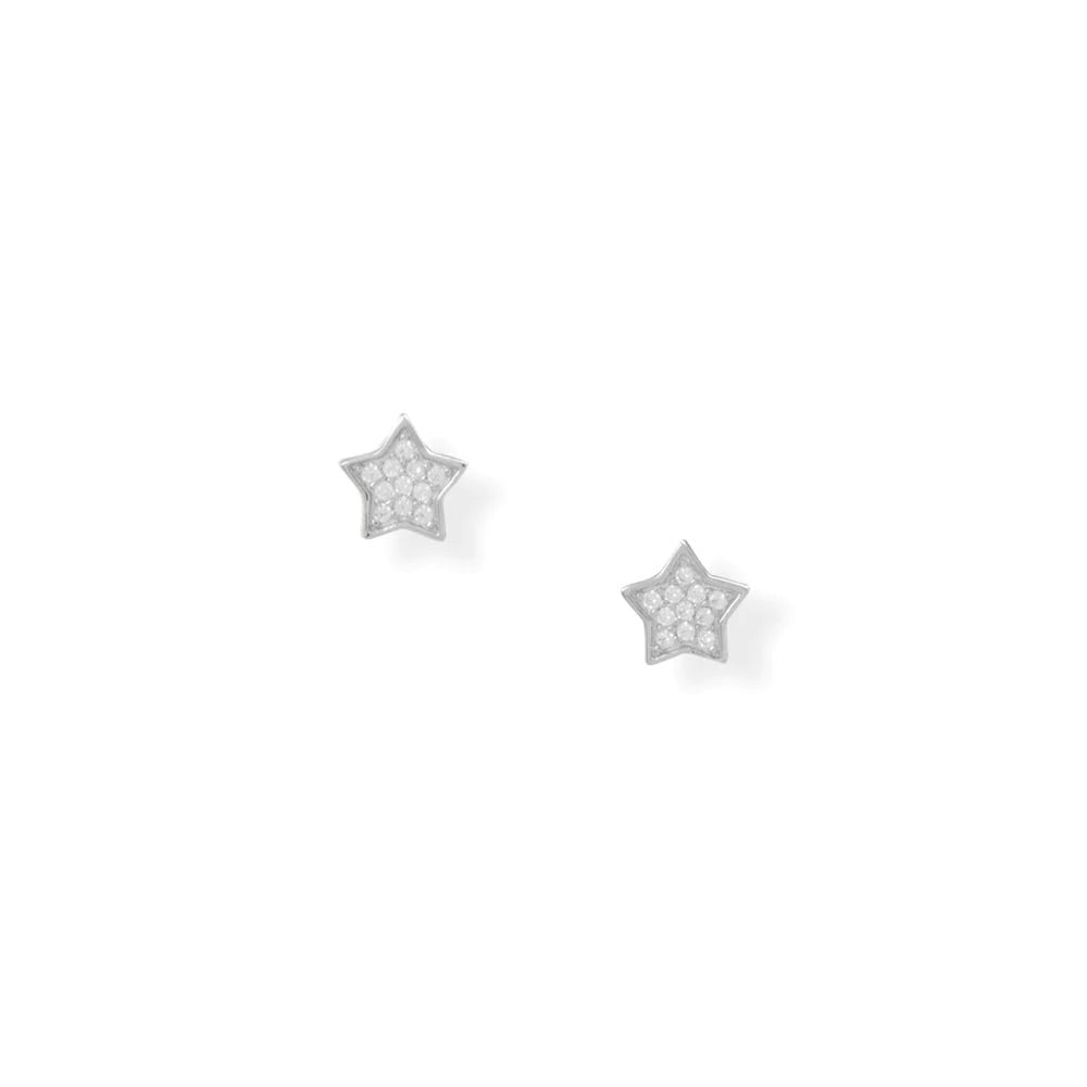 Sterling Silver Star Stud Earrings, Rhodium Plated, CZ Pave, 7mm