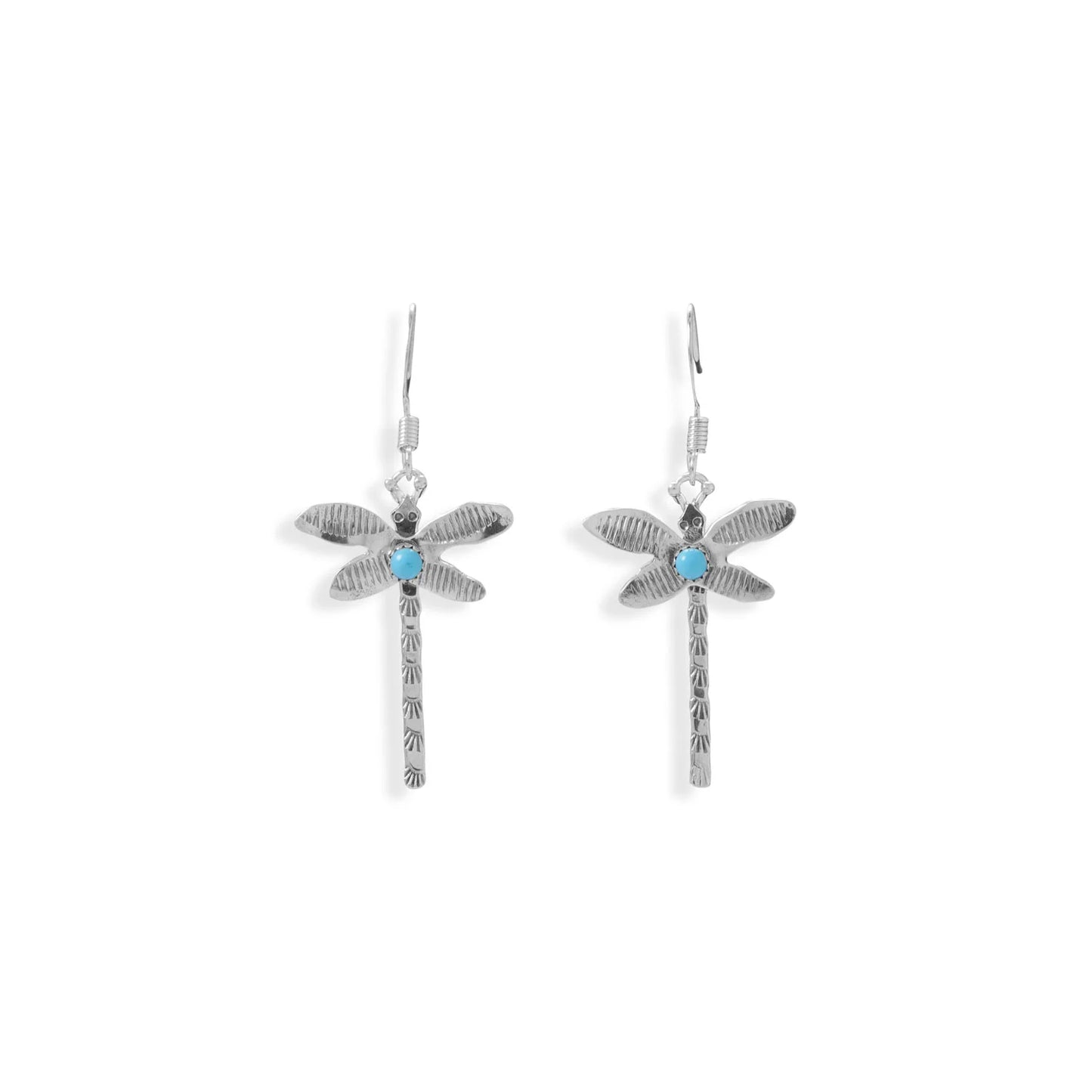 Lee Sandoval Navajo Dragonfly Earrings, Sterling Silver, Turquoise Campitos Stone, Hand Stamped, French Wire, 43mm Length
