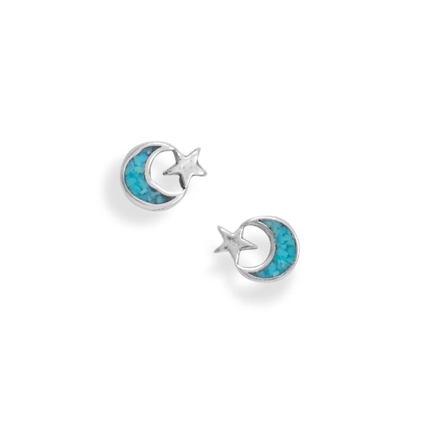 Sterling Silver Moon and Star Stud Earrings, Oxidized, Turquoise Chip Inlay, 9.4mm x 7.8mm
