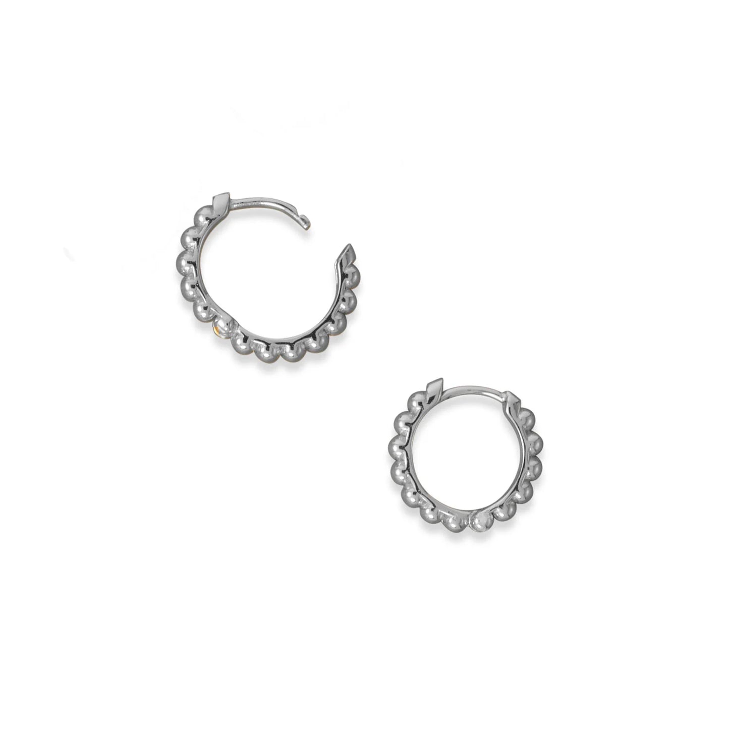 Sterling Silver Rhodium Plated Beaded Click Hoop Earrings, 14.5mm Hinged Design