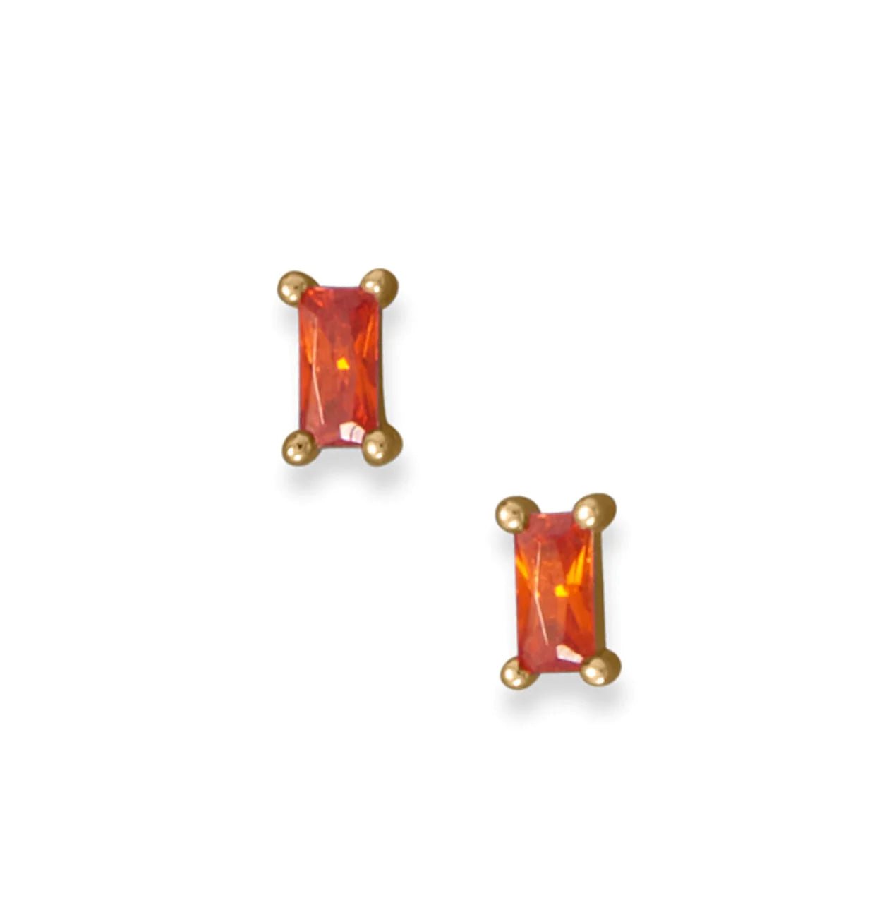 14 Karat Gold Plated Sterling Silver Stud Earrings, Tangerine Baguette CZ, 2.5mm x 5mm