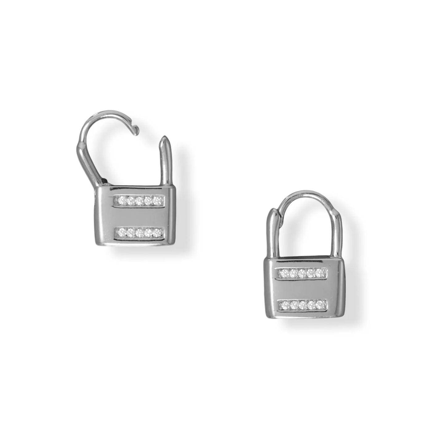 Sterling Silver Rhodium Plated Lock Earrings with CZ Accents, 15.7mm x 10mm