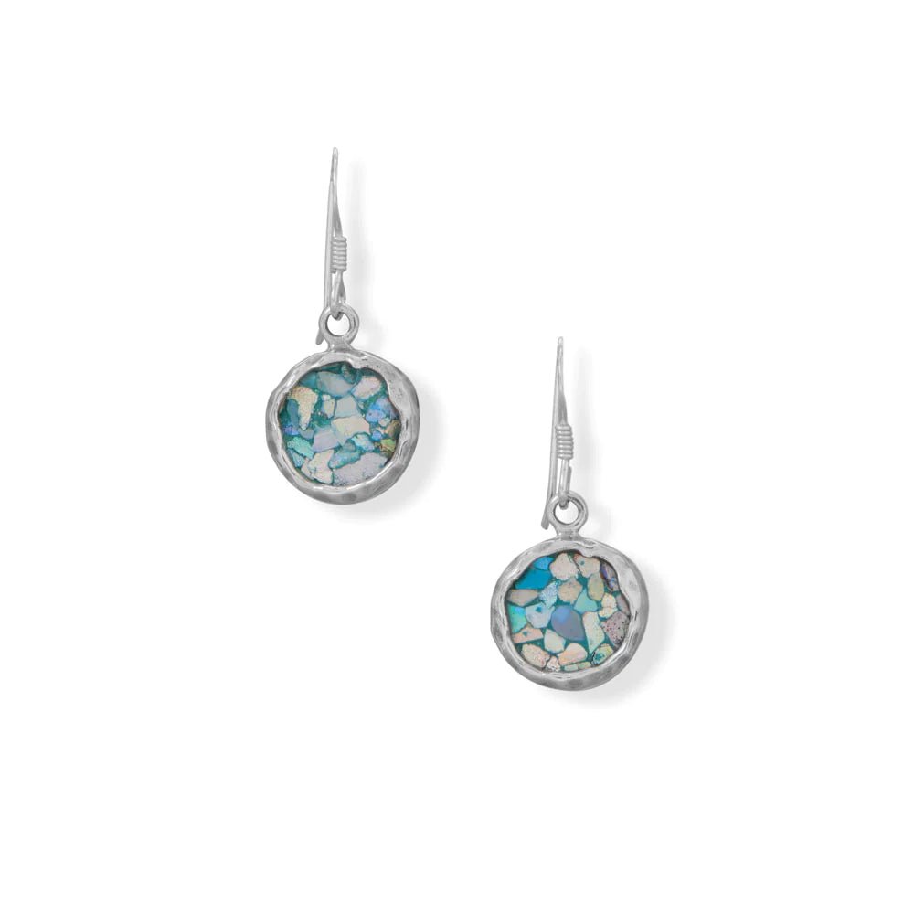 Sterling Silver Roman Glass Drop Earrings, Round 13.5mm, Hammered Setting, French Wire, 30.5mm Length