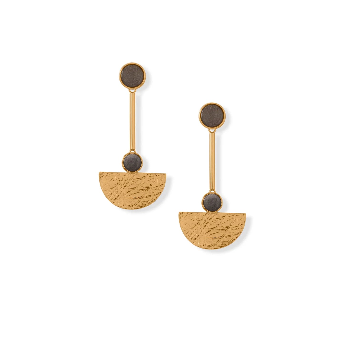 Gold Plated Obsidian Fan Earrings - 24K