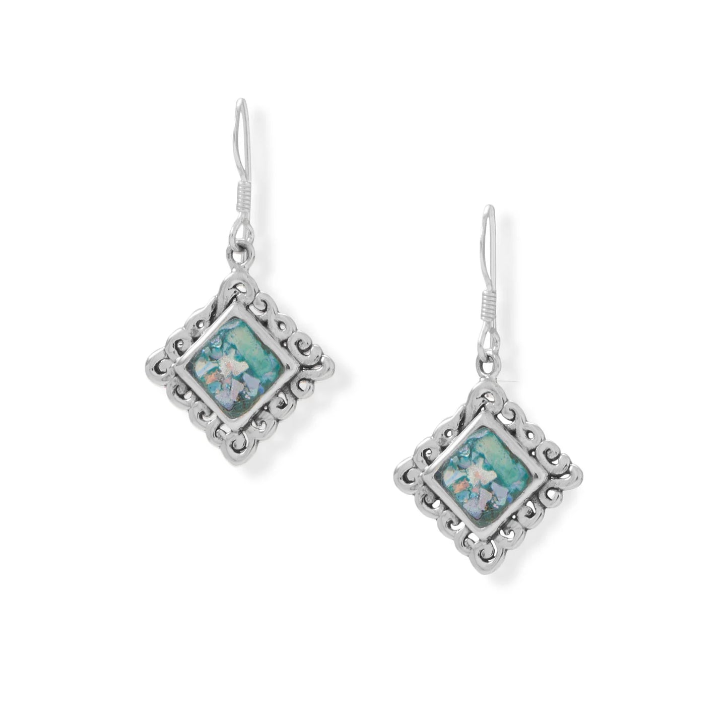 Sterling Silver Roman Glass Square Swirl Edge French Wire Earrings, Oxidized, 19mm x 19mm, 35mm Drop Length