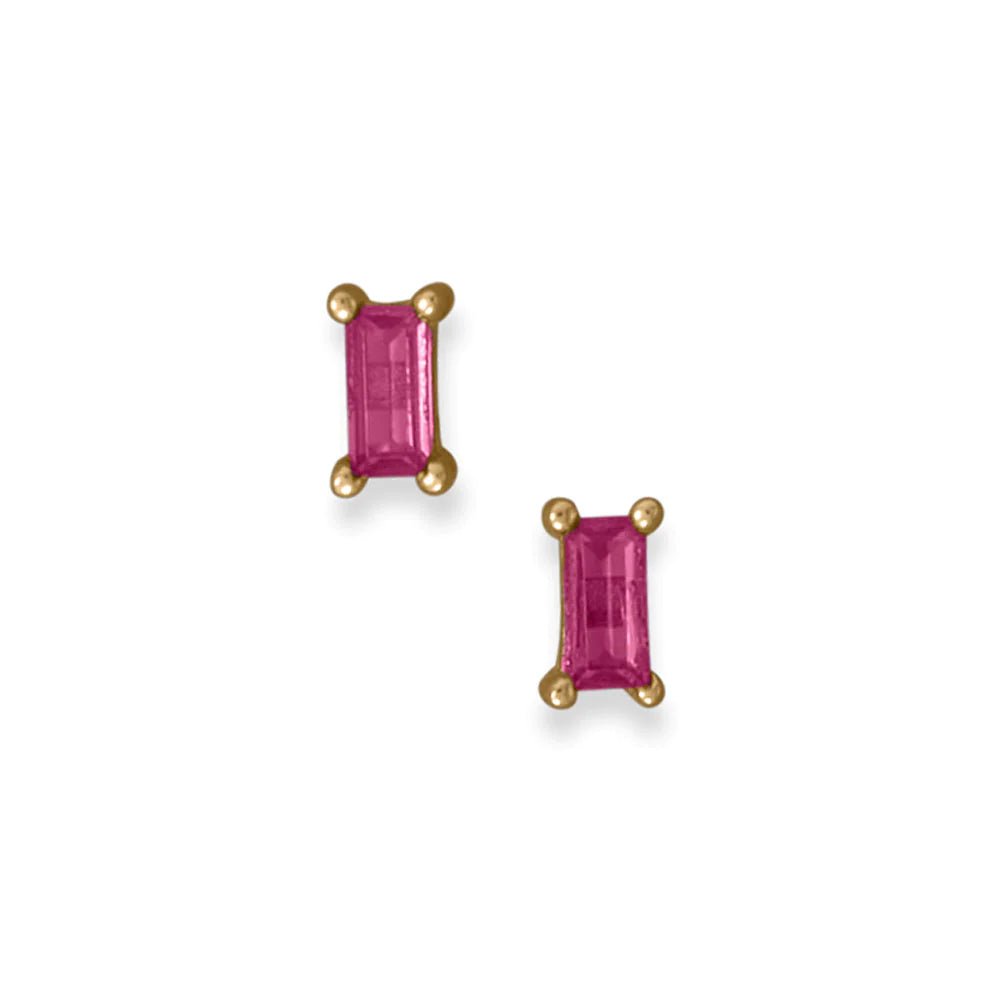 14 Karat Gold Plated Sterling Silver Stud Earrings with Fuschia Baguette CZ, 2.5x5mm
