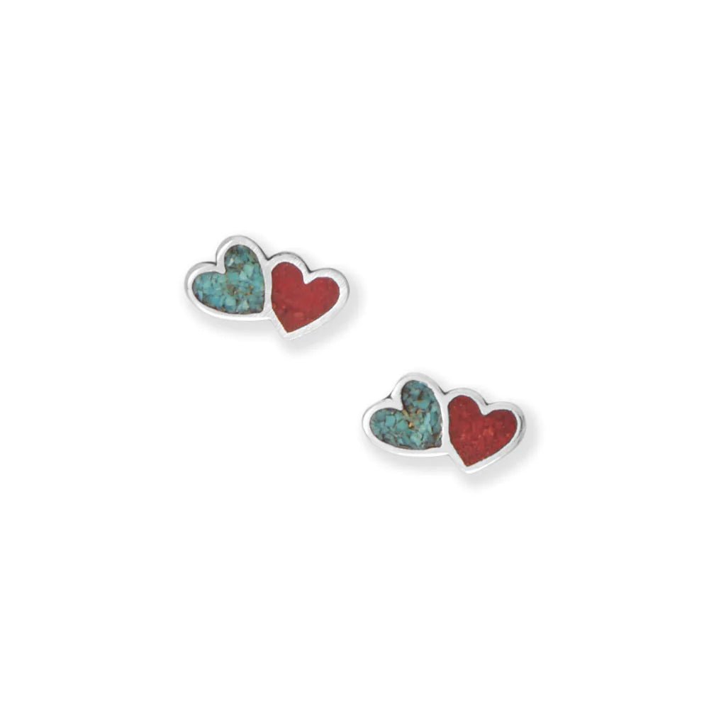 Sterling Silver Double Heart Stud Earrings with Turquoise and Coral Chip Inlay, Oxidized, 10.7mm x 5.6mm, Made in USA