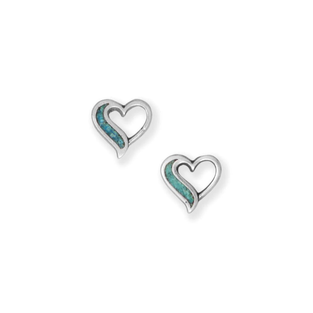 Sterling Silver Turquoise Chip Heart Stud Earrings, Oxidized, 7.7mm, Made in USA