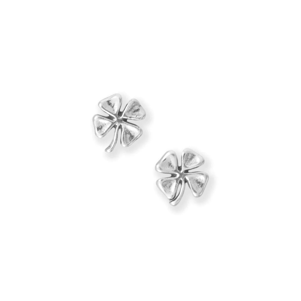 Sterling Silver Four Leaf Clover Stud Earrings, Oxidized, 7.4mm, Made in USA, Stainless Steel Posts