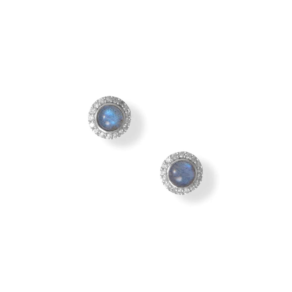 Sterling Silver Labradorite Stud Earrings with CZ Halo, 4mm, Rhodium Plated