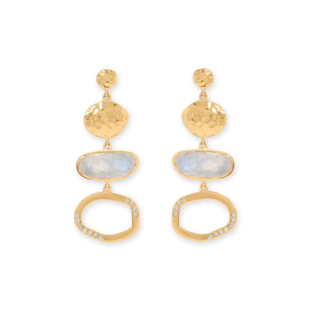 14K Gold Plated Sterling Silver Drop Earrings with Rainbow Moonstone, CZ Accents, Hammered Disk, 41.5mm Length