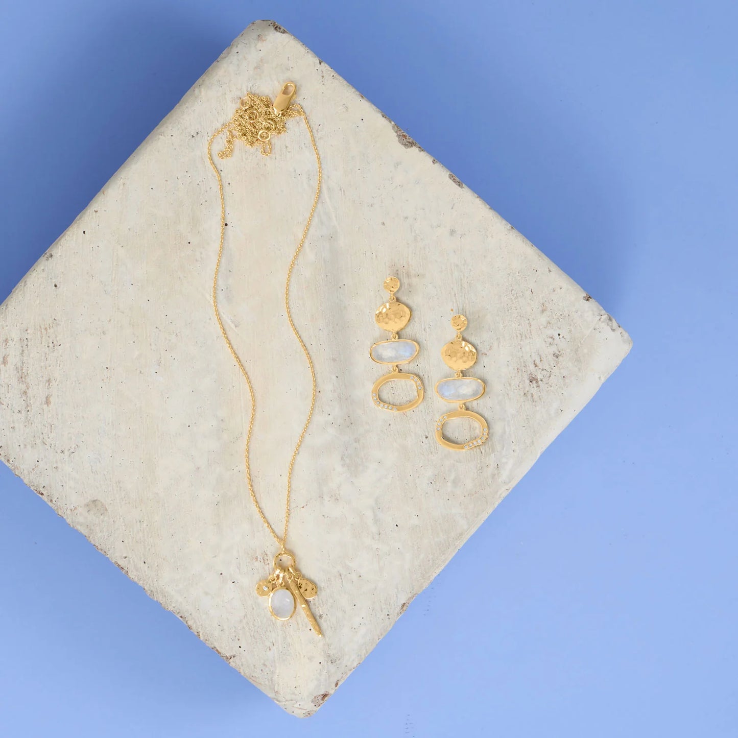 14 Karat Gold Plated Sterling Silver Charm Drop Necklace, Rainbow Moonstone, CZ Accents, Hammered Disks, 26 Inch Chain