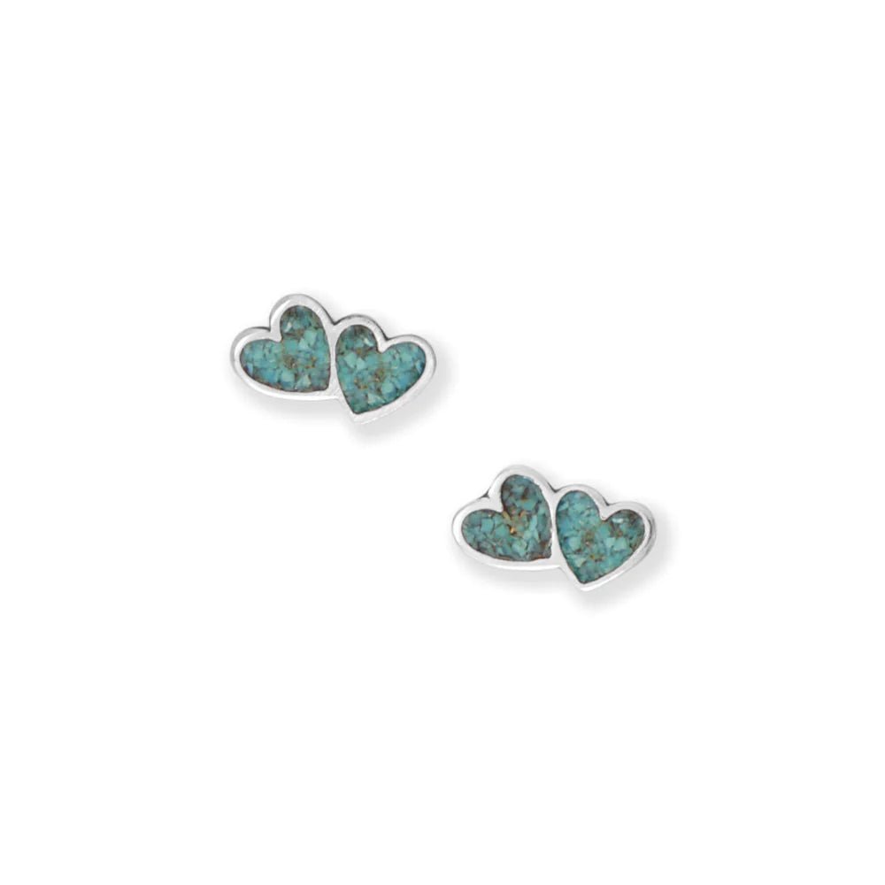 Sterling Silver Turquoise Chip Double Heart Stud Earrings, Oxidized, 10.7x5.6mm, Made in USA