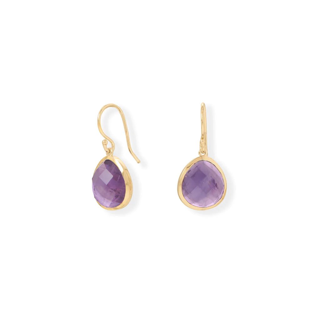14 Karat Gold Plated Sterling Silver African Amethyst Pear-Shaped French Wire Earrings, Purple, 11.2x12mm Stone, 26.7mm Length