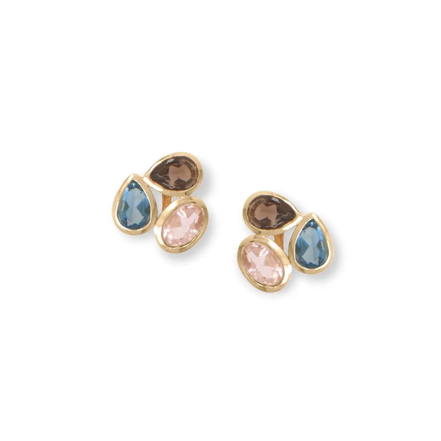 14 Karat Gold Plated Sterling Silver Multi-Stone Earrings with Blue Glass, Pink Glass, Smoky Quartz, 4x6mm Stones