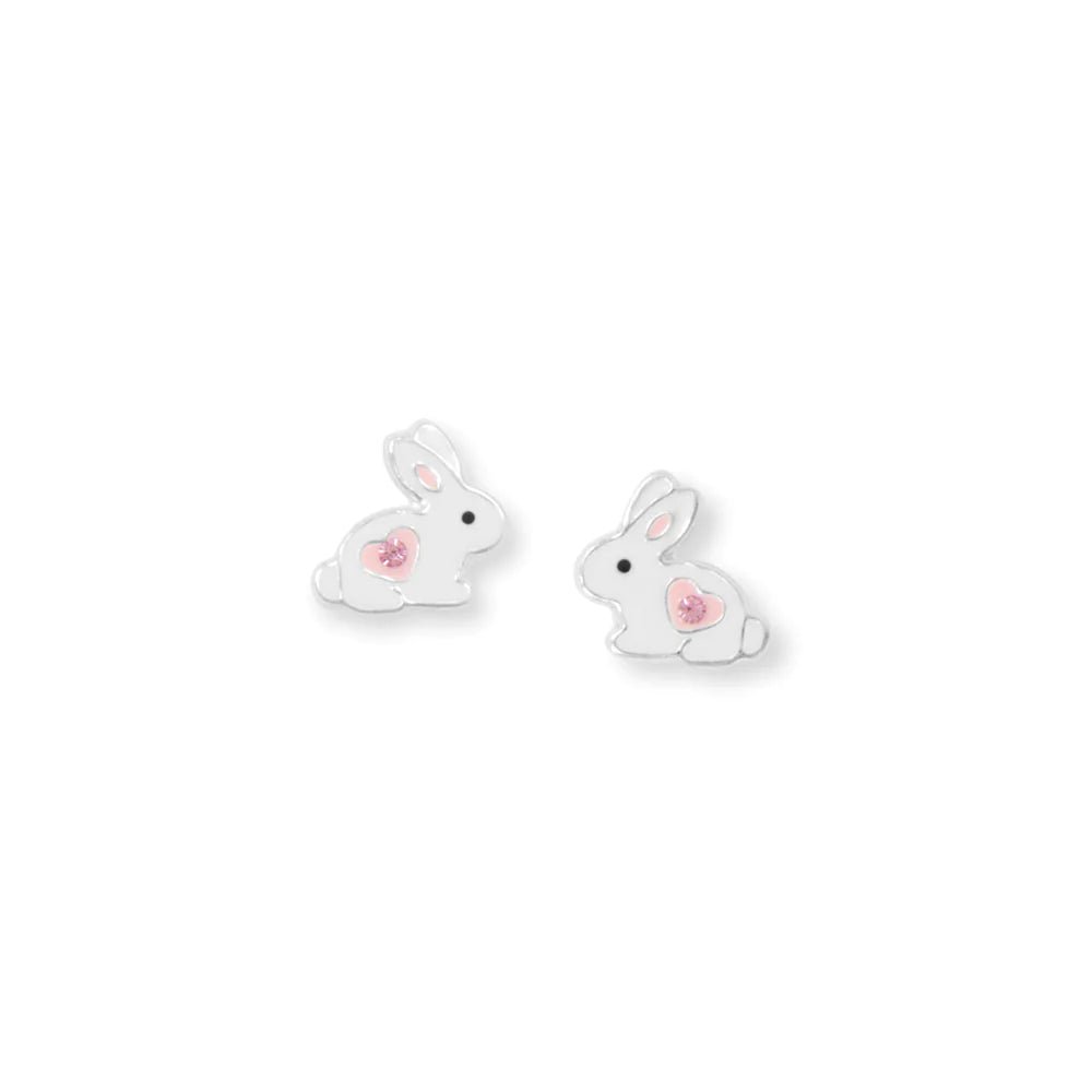 Sterling Silver Pink Enamel Crystal Bunny Heart Stud Earrings, White, 9.5x10.3mm
