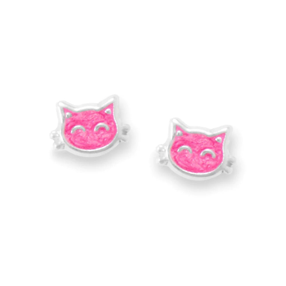 Sterling Silver Pink Enamel Cat Face Stud Earrings, 7mm x 5mm