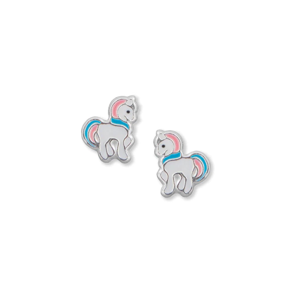 Sterling Silver Unicorn Stud Earrings with Pink, Blue, White Enamel, 8mm x 6.7mm