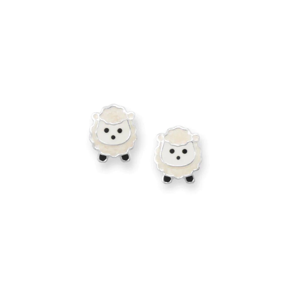 Sterling Silver Pearly White Enamel Lamb Stud Earrings, 8.1x6.8mm