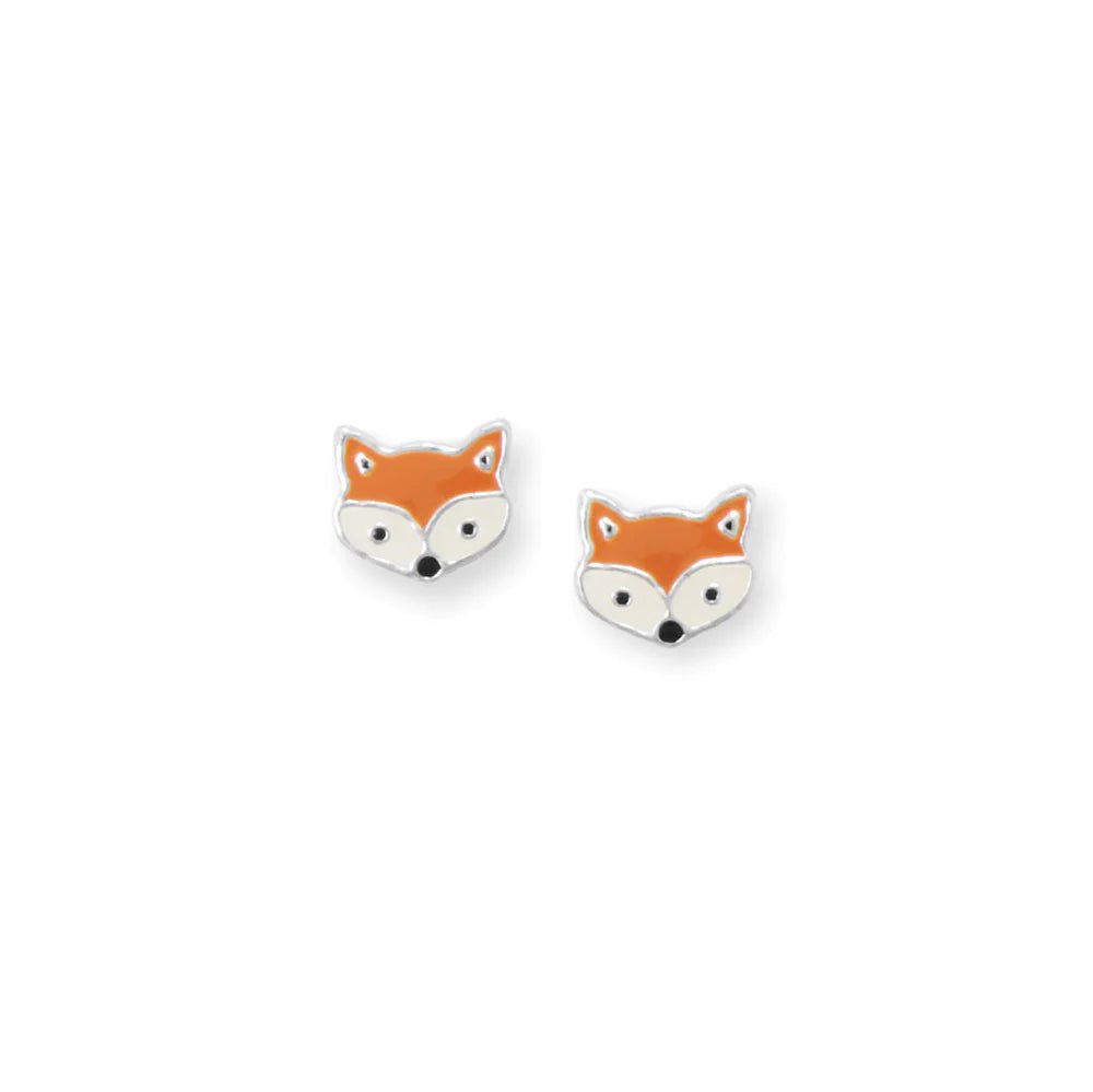 Sterling Silver Fox Face Stud Earrings, Enamel Design, 6.5x7.3mm
