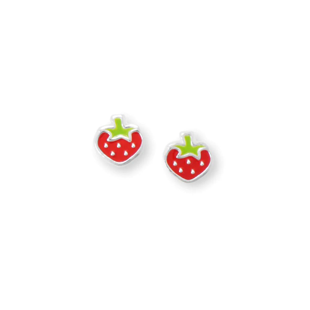 Sterling Silver Strawberry Stud Earrings, Red and Green Enamel, 6mm