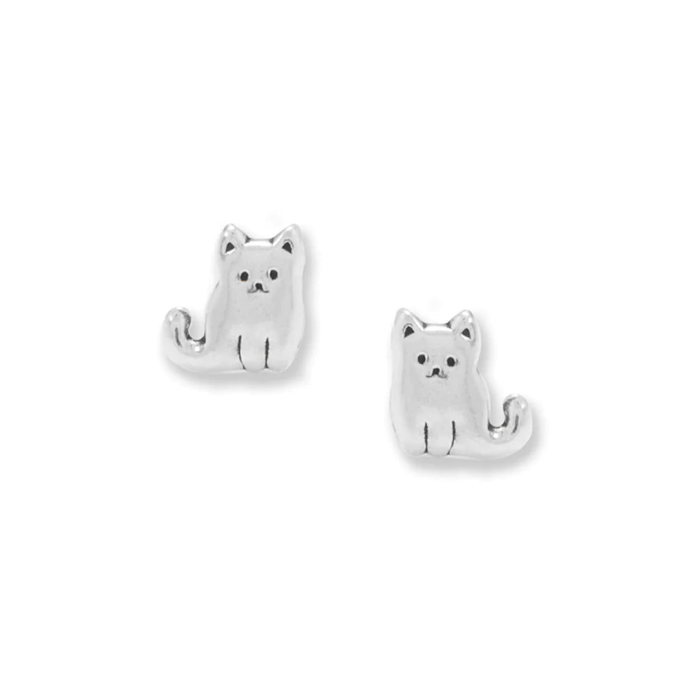 Sterling Silver Cat Stud Earrings, Sitting Kitty Design, 5.4mm x 5mm