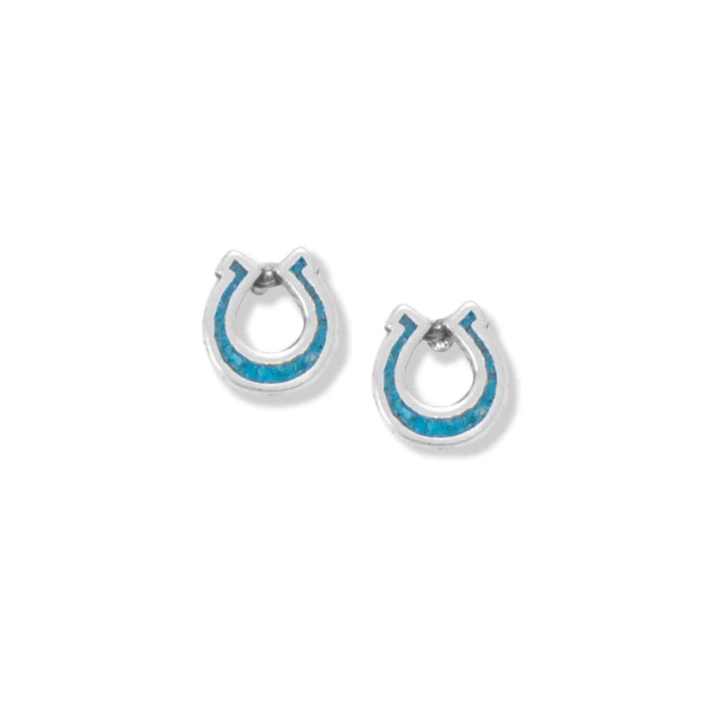 Sterling Silver Horseshoe Stud Earrings with Turquoise Chip Inlay, Oxidized, 8.0x7.4mm, Made in USA