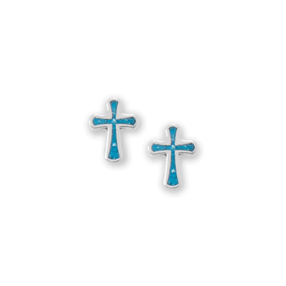 Sterling Silver Turquoise Chip Cross Stud Earrings, Oxidized, 9.3x7.1mm, USA Made