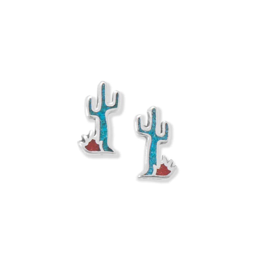 Sterling Silver Saguaro Cactus Stud Earrings, Turquoise and Coral Chip Inlay, Oxidized Finish, 11.7x6.7mm