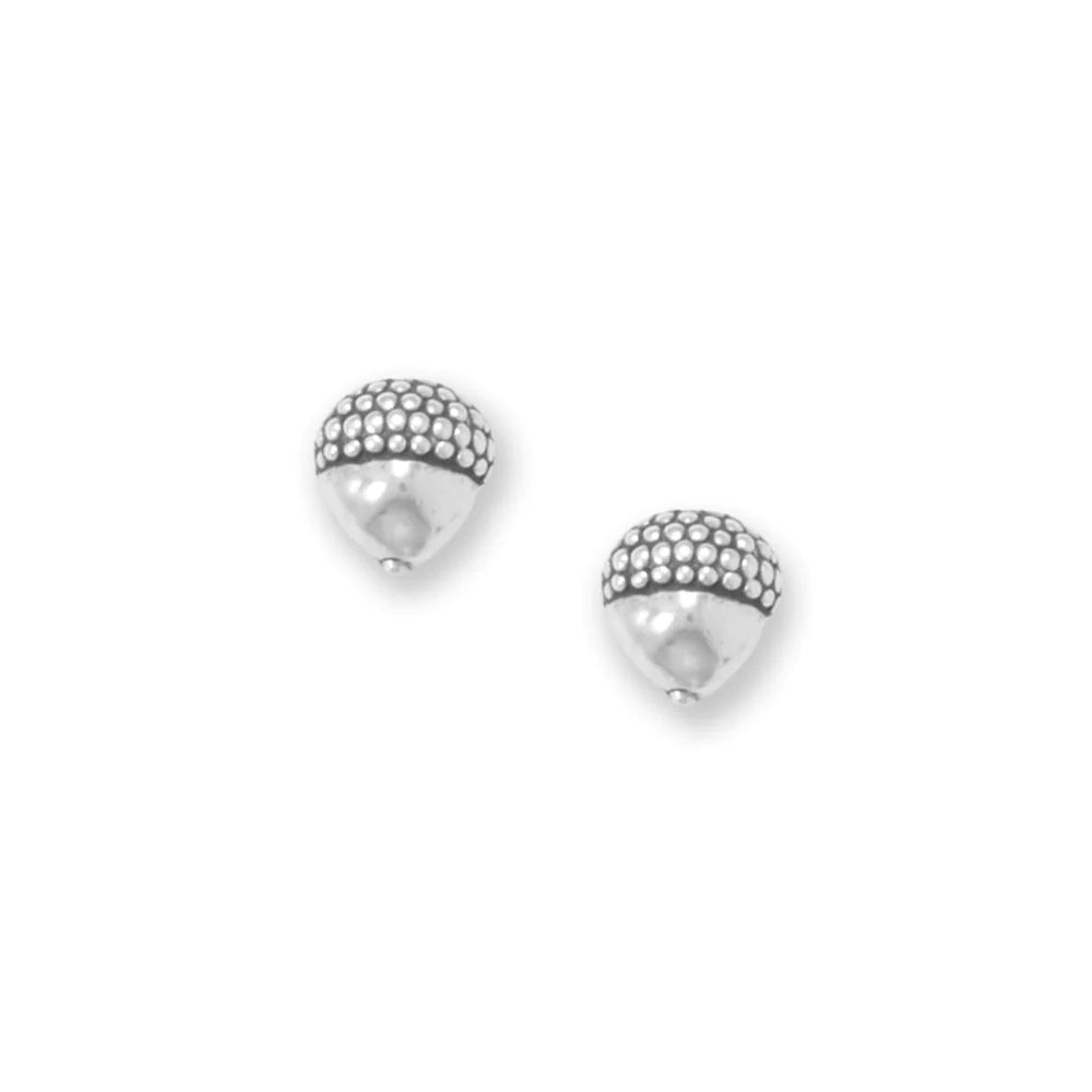 Sterling Silver Acorn Stud Earrings, 7.0mm x 6.5mm, Stainless Steel Posts, Made in USA
