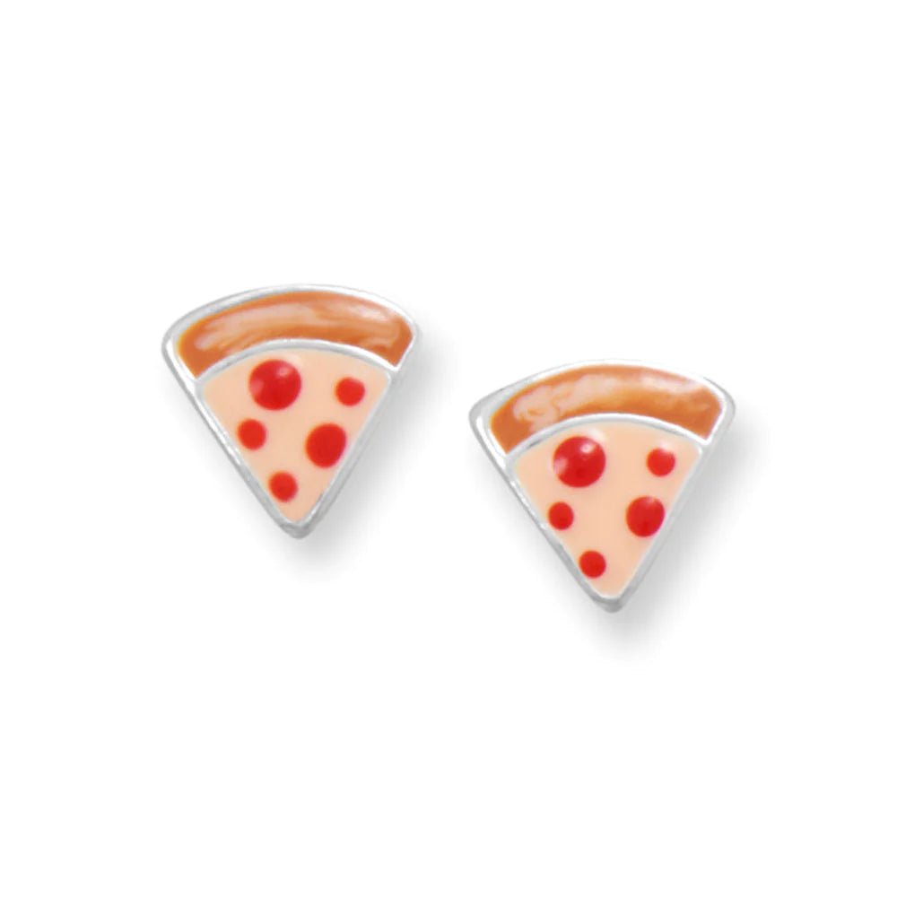 Sterling Silver Pizza Slice Stud Earrings, Enamel Pepperoni Design, 8.2x7.1mm