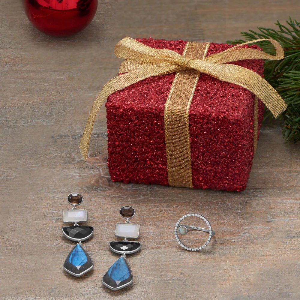 Geometric Multi-Stone Drop Earrings - Sterling Silver with Labradorite Moonstone Onyx Quartz