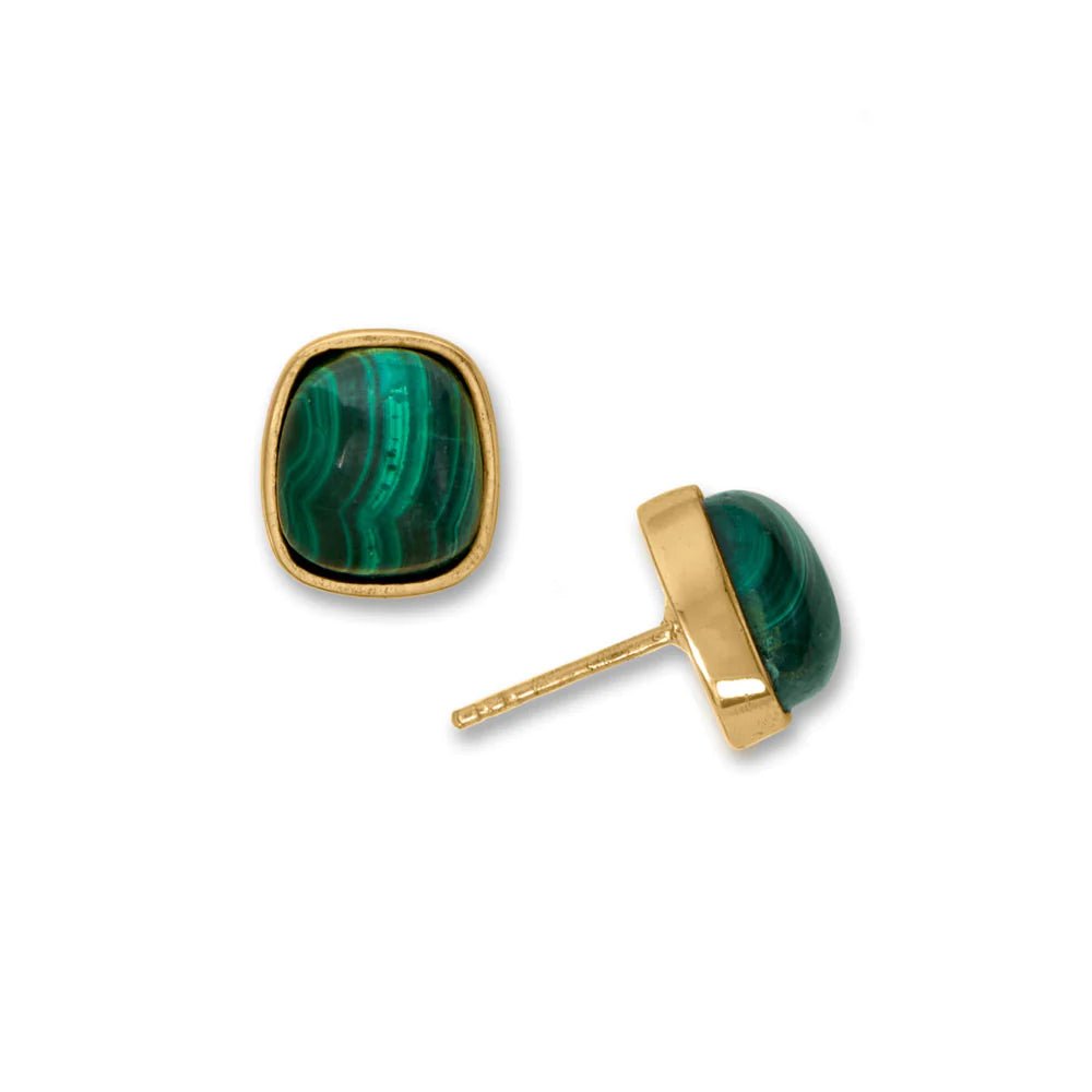14 Karat Gold Plated Sterling Silver Malachite Stud Earrings, Green, 9.9mm x 8.9mm, Freeform Design, Post Back