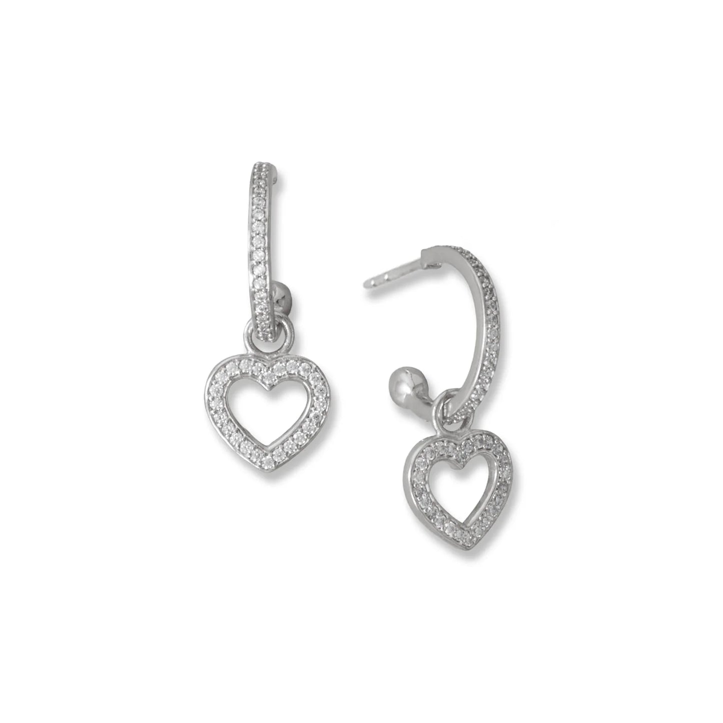 Sterling Silver CZ Heart Charm Hoop Earrings, Rhodium Plated, 26.5mm Length, Removable Heart Design