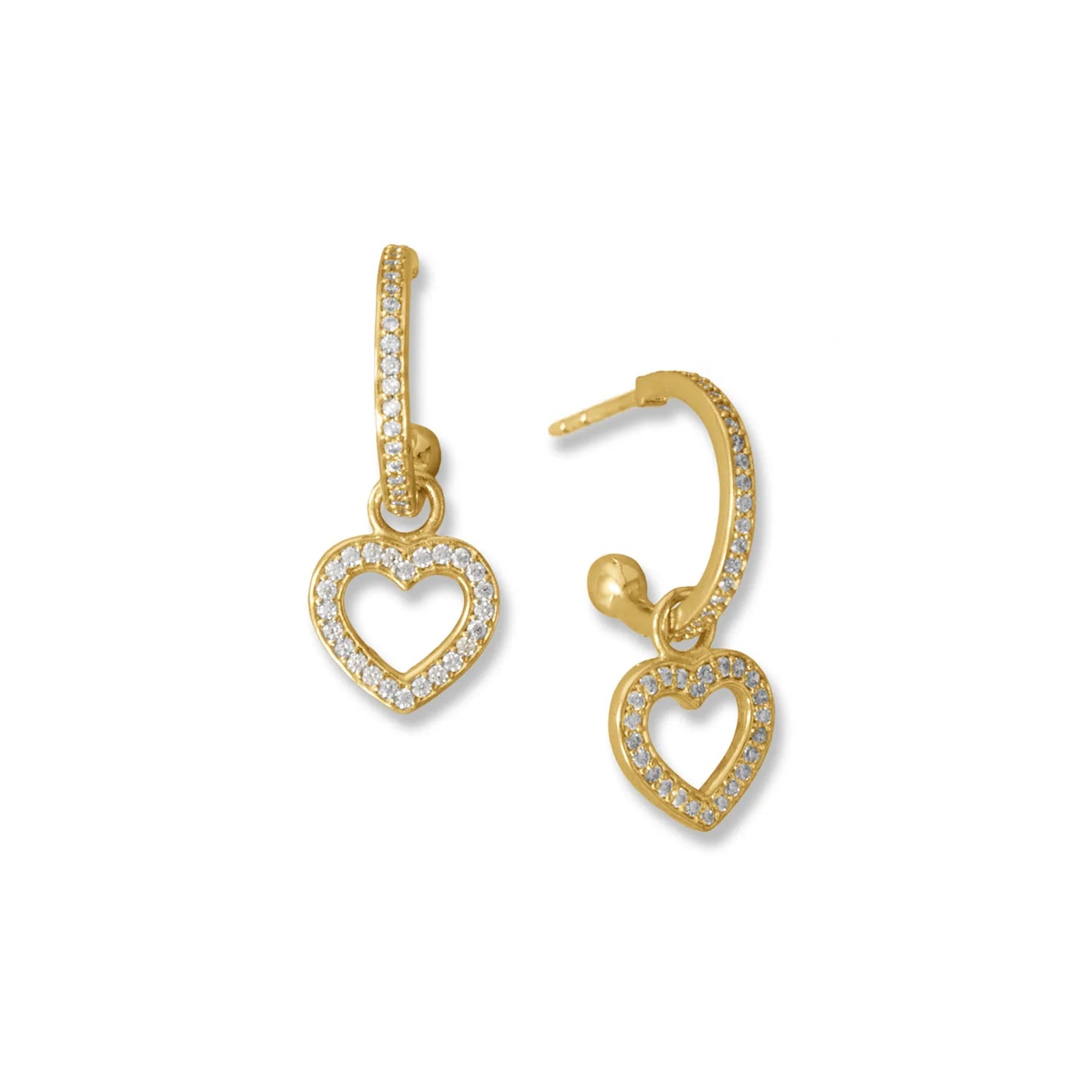 14 Karat Gold Plated Sterling Silver Heart Charm Hoop Earrings with CZ Accents, 26.5mm Length, Removable Heart Design