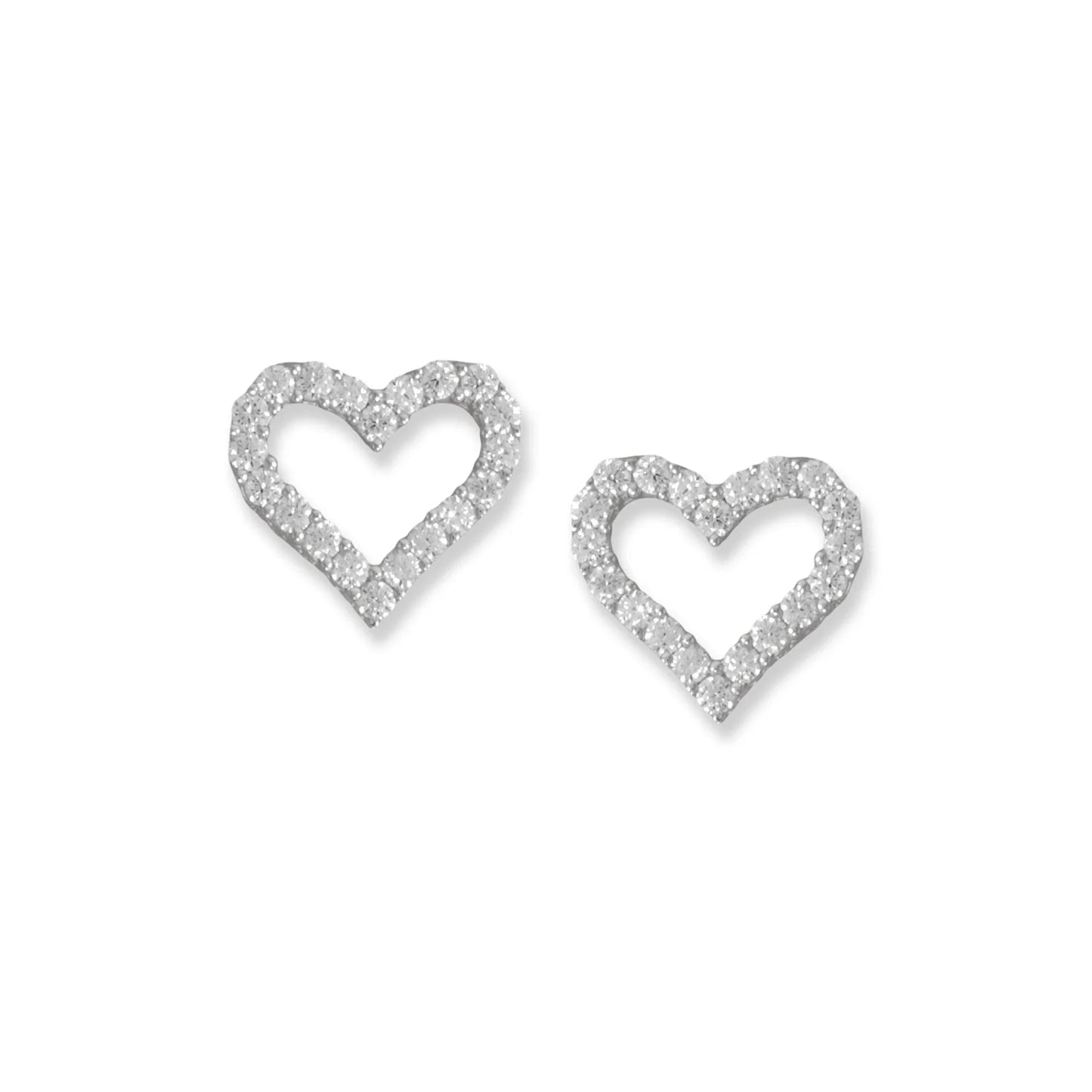 Sterling Silver Heart Outline Stud Earrings with CZ, 13.2mm x 12.1mm, Post Back