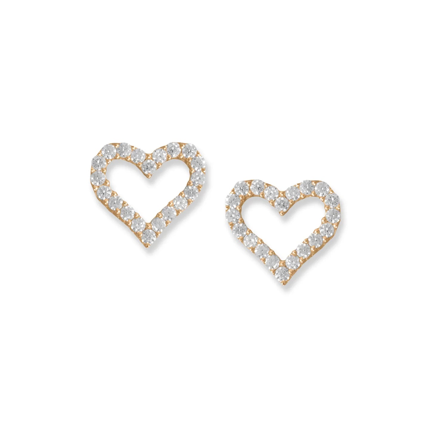 14 Karat Gold Plated Sterling Silver Heart Outline Stud Earrings with CZ, 13.2x12.1mm
