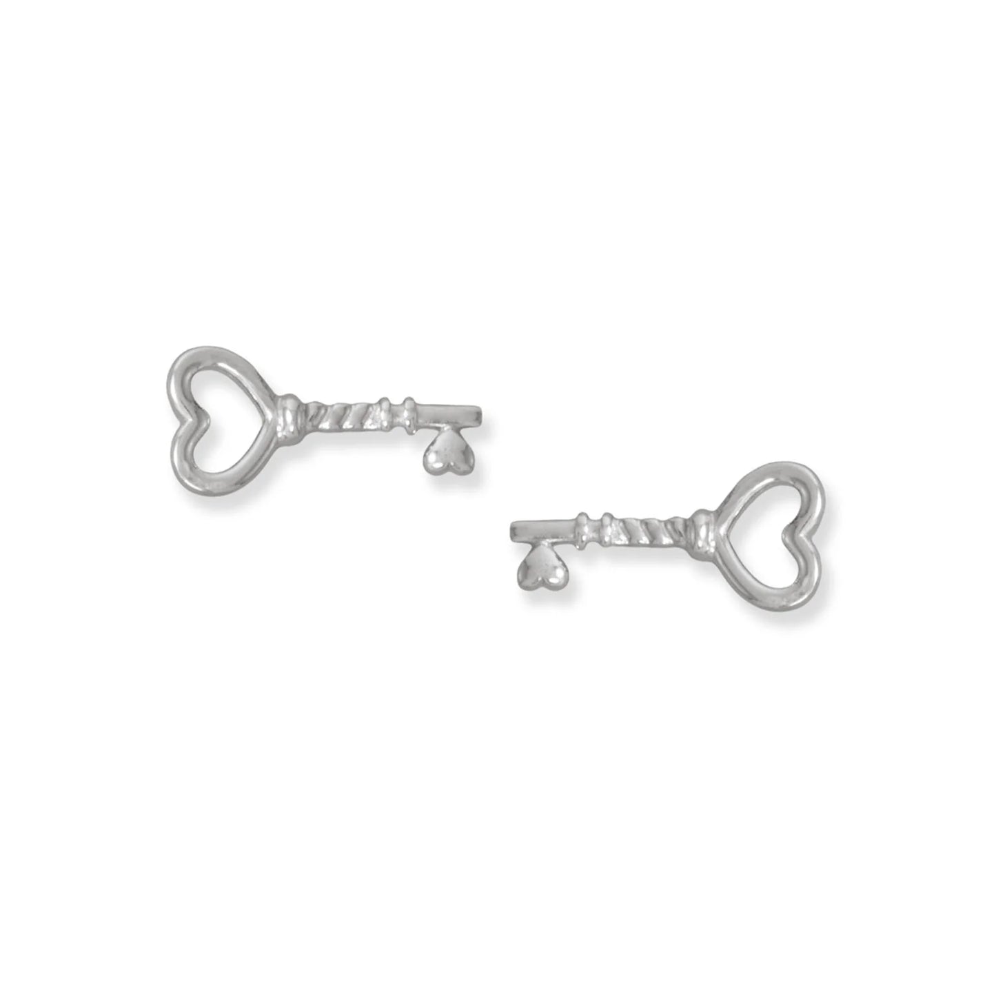 Sterling Silver Heart Key Stud Earrings, Rhodium Plated, 14.3mm x 6.9mm