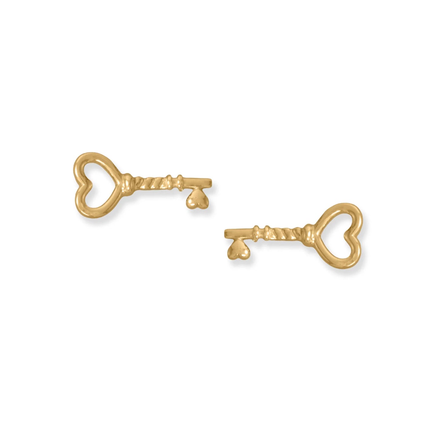 14 Karat Gold Plated Sterling Silver Heart Key Stud Earrings, 14.3mm x 6.9mm
