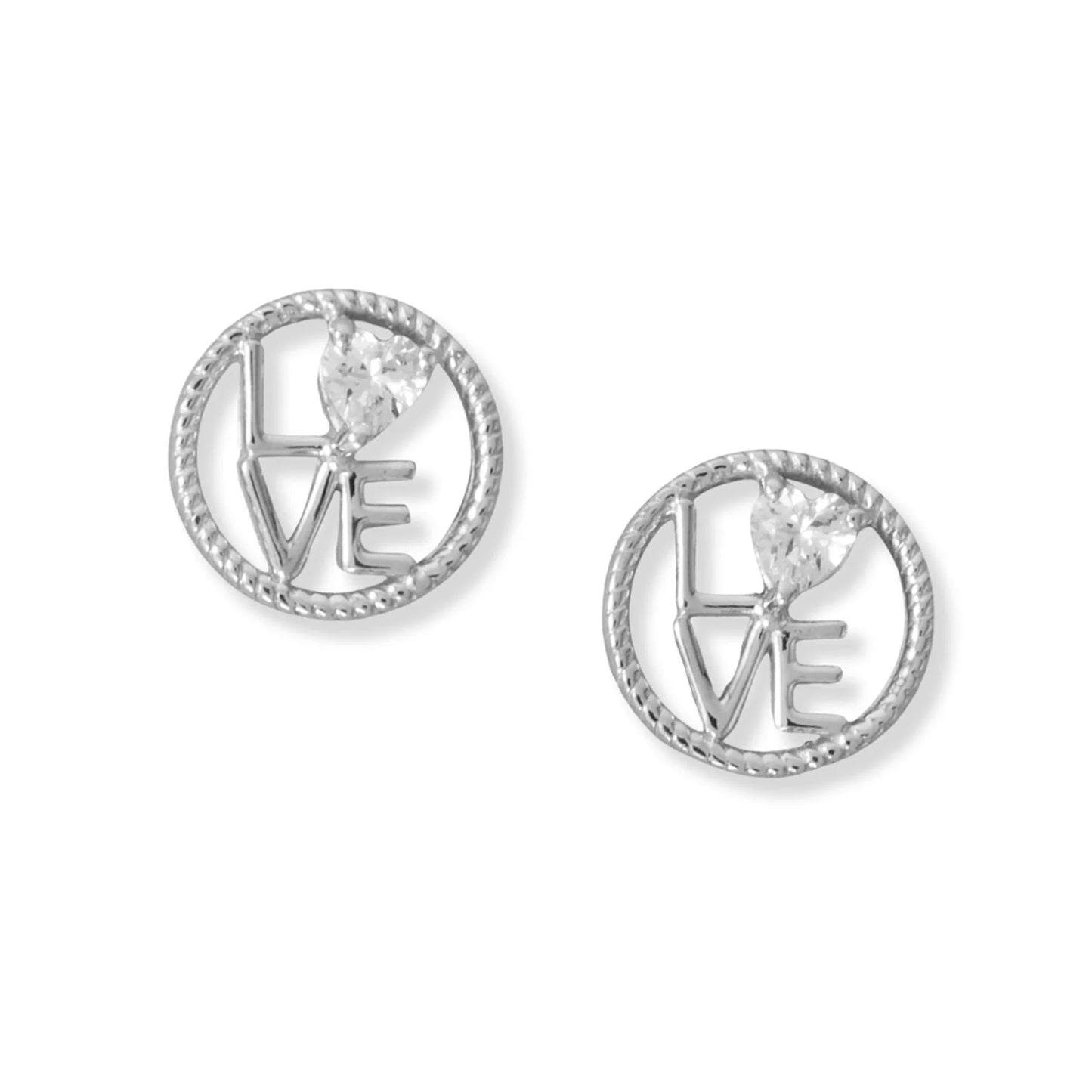 Sterling Silver Round Love CZ Heart Stud Earrings, Rhodium Plated, 12.7mm, Rope Edge Detail