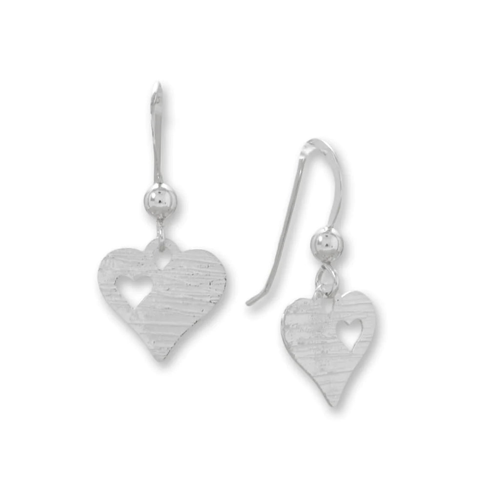 Sterling Silver Heart French Wire Earrings, Laser-Cut Design with Cutout Detail, 11.3x11mm Heart, 23.5mm Length