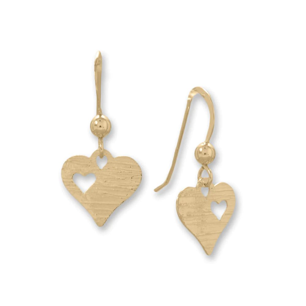 14k Gold Plated Sterling Silver Heart French Wire Earrings, Laser Cut Design, Heart Charm with Cutout, 23.5mm Length