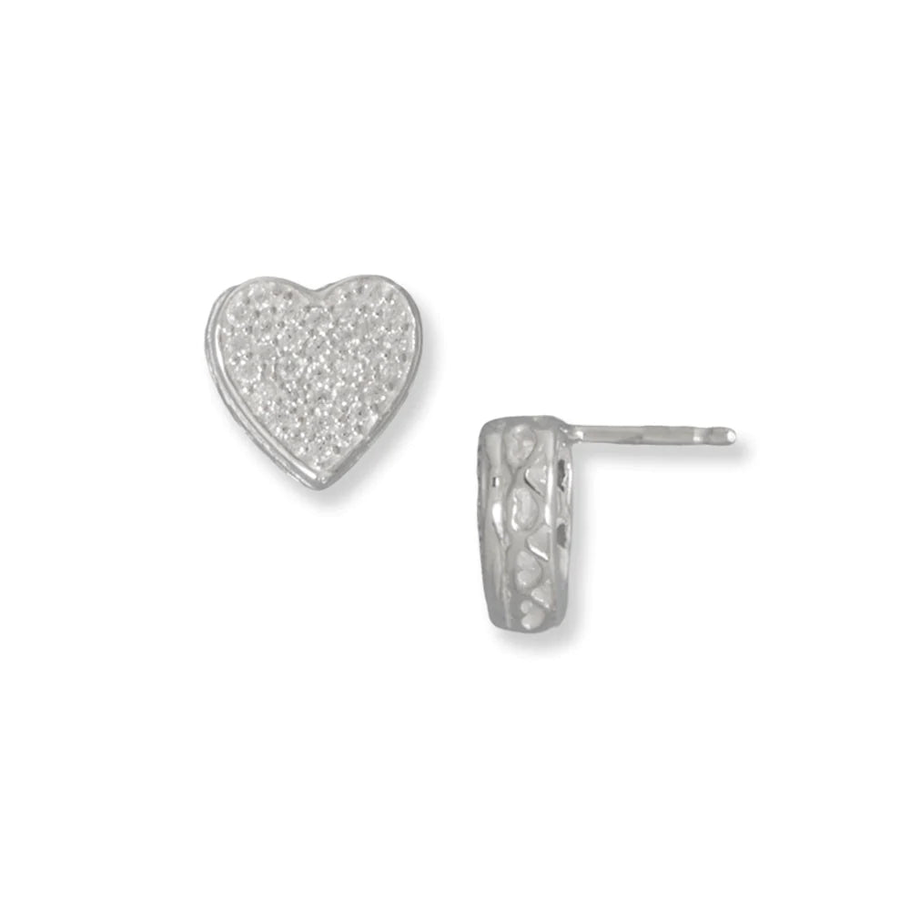 Sterling Silver Heart Stud Earrings with Pave CZ , 8.5mm x 8.4mm