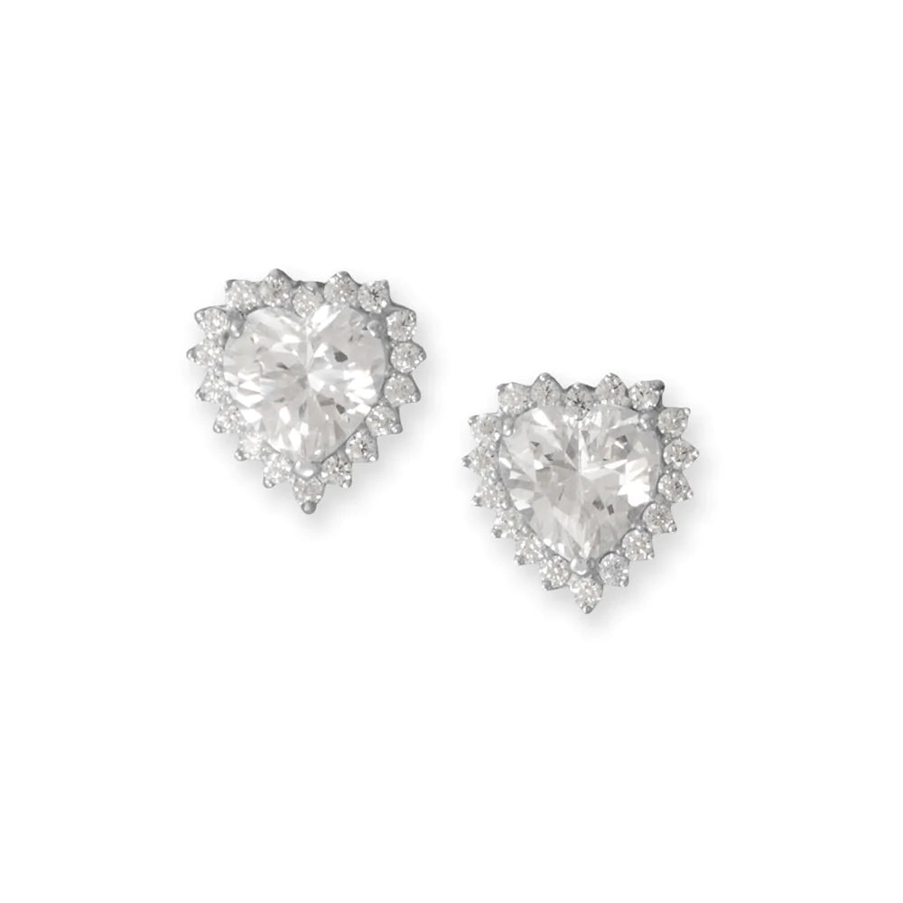 Sterling Silver Heart CZ Stud Earrings with Halo, Rhodium Plated, 8mm Heart