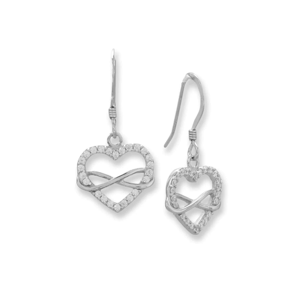 Sterling Silver Rhodium Plated CZ Heart and Infinity French Wire Dangle Earrings, 30.1mm Length