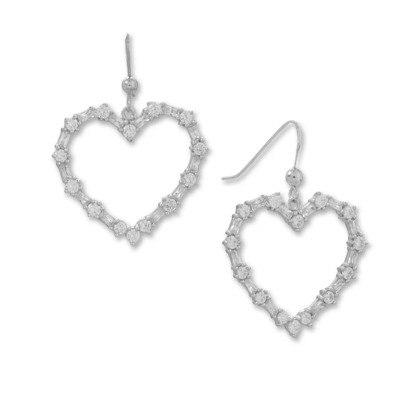 Sterling Silver Heart Outline Dangle Earrings, Rhodium Plated, CZ Accents, 38mm Length